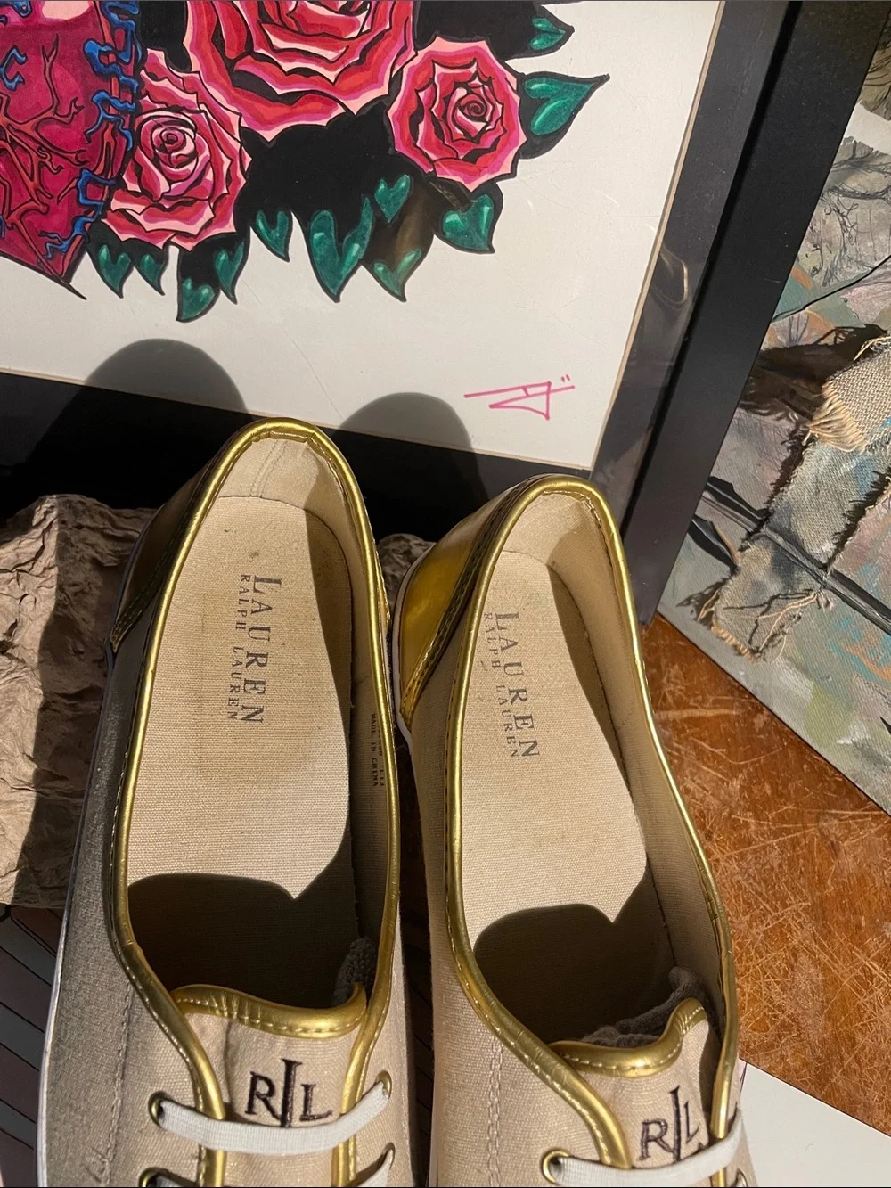Lauren Ralph Lauren Beige Canvas Sneakers with Gold Metallic Accents